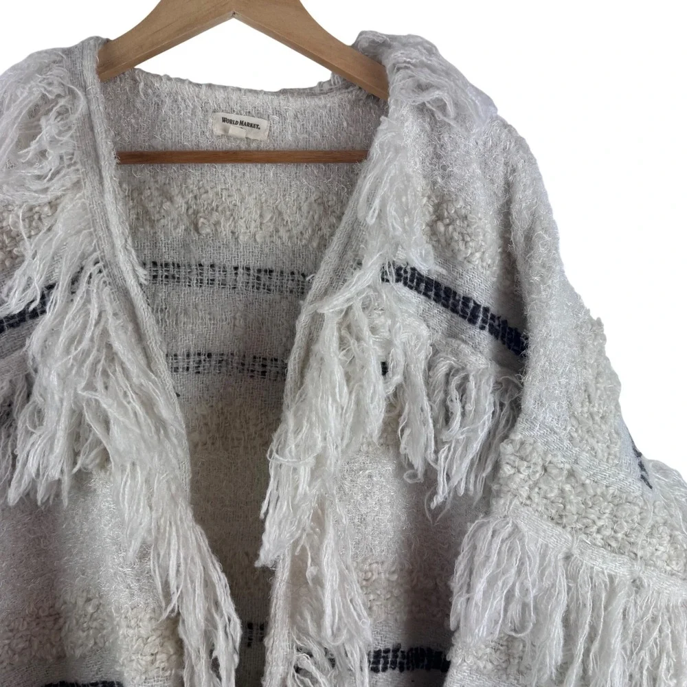 World Market Cardigan Wrap Womens One Size Cream Striped Fringe Shaggy Boho
